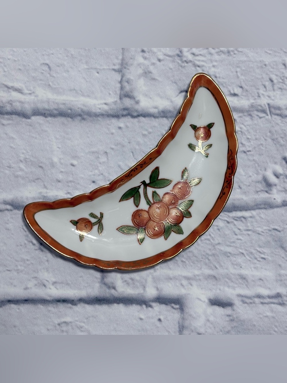 Vintage Original LJ Japanese orange tree hand painted crescent shaped dish
